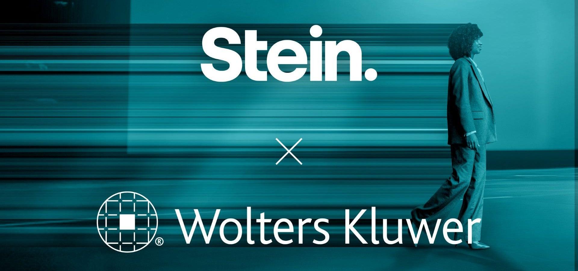 Stein and Wolters Kluwer logos over an image of a professional walking